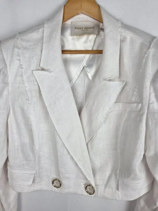 Ramy Brook Emmeline Jacket White Cropped Blazer Gold Buttons Linen Blend Sz 14 - Picture 5 of 13